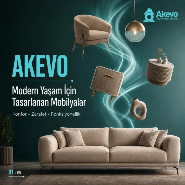 Modern furniture social media design for Akevo Mobilya featuring a beige sofa, elegant chair, table, lamp, and turquoise brand identity.