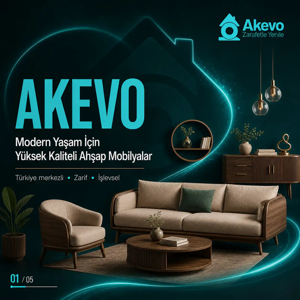 Premium social media design for Akevo Mobilya featuring modern wooden furniture, sofa set, armchair, coffee table, decorative lighting, and turquoise brand identity.